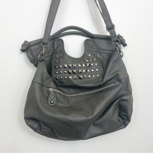 Attention Folding Crossbody Gray Faux Leather Studded Knotted Handles